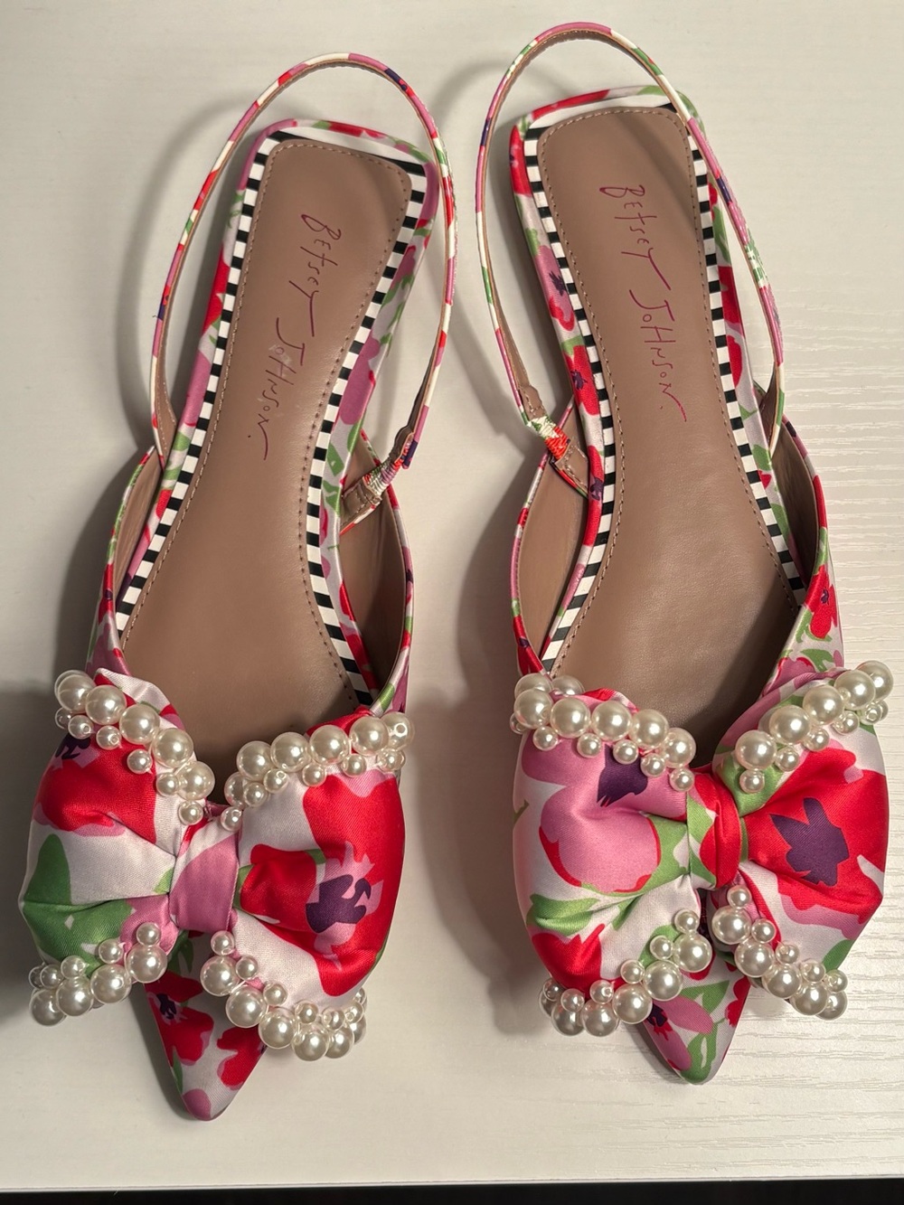 Betsey Johnson Multicolor Floral Pearl Bow Slingback Flats